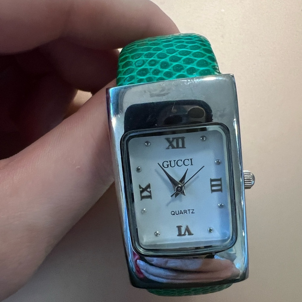 Gucci Silver and Green Watch with Roman Numerals